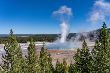Grand Prismatic Spring Overlook, Yellowstone National Park, Wyoming. Hydrothermal System. hot-spring deposits. Extremophile. 
