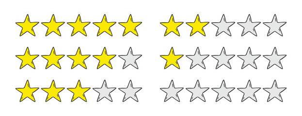 Rating 1, 2, 3, 4, 5 stars doodle icon set. Gold star one, two, three, four, five hand drawn icon set. variable isolated stars rating