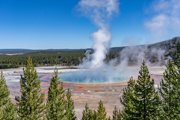 Grand Prismatic Spring Overlook, Yellowstone National Park, Wyoming. Hydrothermal System. hot-spring deposits. Extremophile. 
