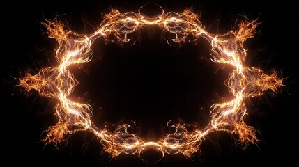 Abstract, symmetrical, glowing ring of fiery energy on a stark black background. Looks like portal