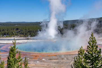 Grand Prismatic Spring Overlook, Yellowstone National Park, Wyoming. Hydrothermal System. hot-spring deposits. Extremophile. 
