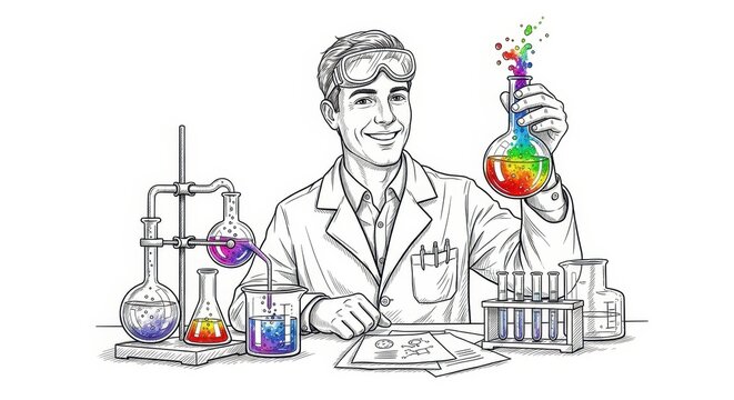 Scientist in lab coat conducts colorful chemical experiment with flasks and beakers