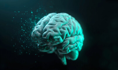 Digital human brain surrounded by glowing particles, representing artificial intelligence and human knowledge. Merging of biological and technological intelligence. Created with generative AI