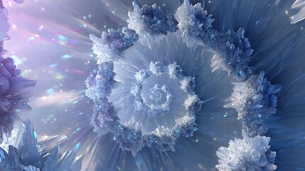 An overhead view of a swirling crystalline structure amid sparkling light, with ice-like, multi-faceted elements