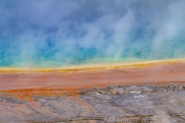 Grand Prismatic Spring Overlook, Yellowstone National Park, Wyoming. Hydrothermal System. hot-spring deposits. Extremophile. 
