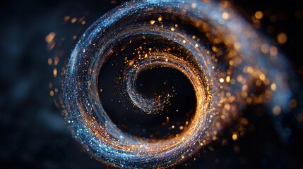 An abstract spiral composed of sparkling particles, transitioning from blue to gold, against a dark background