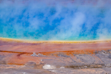 Grand Prismatic Spring Overlook, Yellowstone National Park, Wyoming. Hydrothermal System. hot-spring deposits. Extremophile. 

