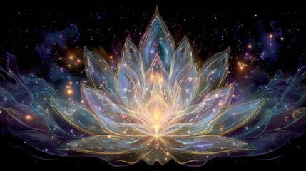 A luminous lotus flower emerges against a star-filled backdrop, radiating ethereal beauty and light