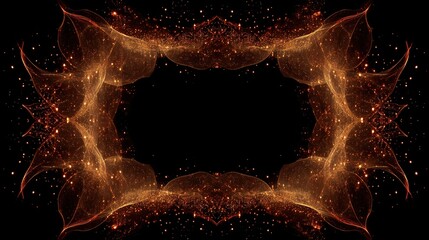 An ornate, fiery frame made of glowing, organic shapes surrounds a black void, speckled with particles