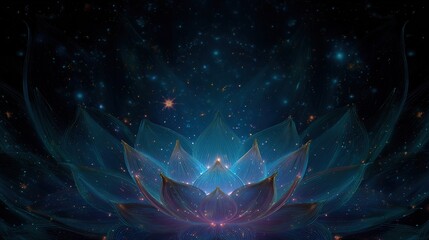 A celestial lotus unfolds, its translucent petals shimmering against a starry expanse of blues and purples