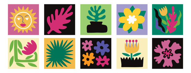 Abstract modern botanical flower composition poster set. matisse style nature square boho plants elements 