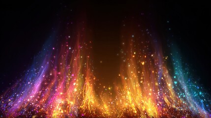 Colorful, abstract wave patterns rise from a dark background, sparkling with light