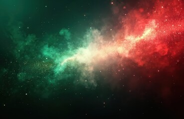Naklejka premium Abstract nebula clouds in green and red hues with glowing particles resemble celestial bodies. Cosmic dust swirls across dark space creating a vibrant, colorful background with many bright stars.
