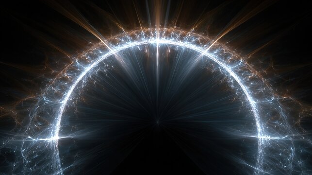Abstract image of a glowing halo with radiating lines, set against a stark black background