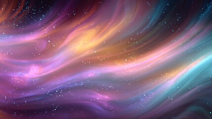 Swirling celestial scene of cosmic dust and gases, colored by light and energy. Stars twinkle