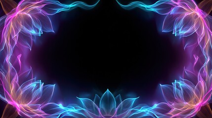 Floral frame glows with gradient hues of pink, orange, and blue, encompassing a dark, central void