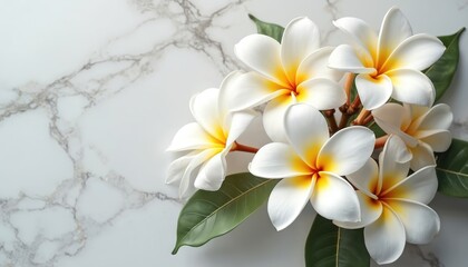 Naklejka premium Frangipani flowers lay on marble background. White plumeria with yellow core, green leaves. Concept for tropical nature spa floral wellness. Beautiful flower design element for luxury botany concept.