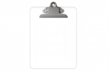 Simple transparent clipboard presenting a blank paper space for copy, text, message, or notes on a clear background