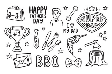 Fathers Day doodle set with icons and lettering number 375, hand drawn doodle line art monochrome hand drawn