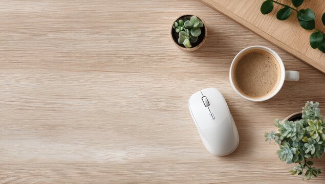 A minimalist workspace featuring a white wireless mouse, a cup of coffee, and small potted succulents on a light wood desk