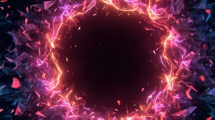 A glowing ring of neon shards frames a central dark void, creating a futuristic, energy-based aesthetic