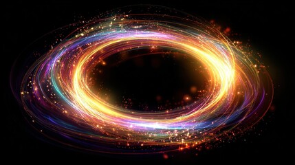 A dynamic, glowing oval with layered light streaks and shimmering particles against a black background