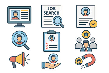 Job search icons representing recruitment and employment process. 