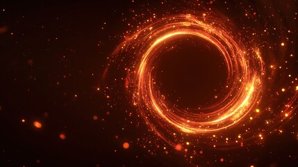 A glowing, fiery vortex swirls against a dark backdrop, with scattered luminous particles