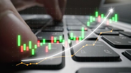 Close-up of hands typing on a laptop keyboard while analyzing stock market data displayed as colorful graphs and indicators, representing financial trading insights. Copula - Powered by Adobe