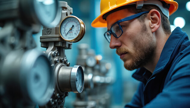 Man inspects industrial machinery. Engineer checks pressure gauges. Factory worker in safety hardhat monitors equipment. Engineering pro analyzes readings at plant. Precision manufacturing process by