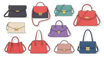 Colorful Handbag Set Vector Illustration Isolated on White