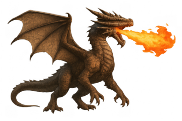 Dragon creature breathing fire on transparent background