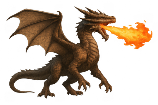 Dragon creature breathing fire on transparent background