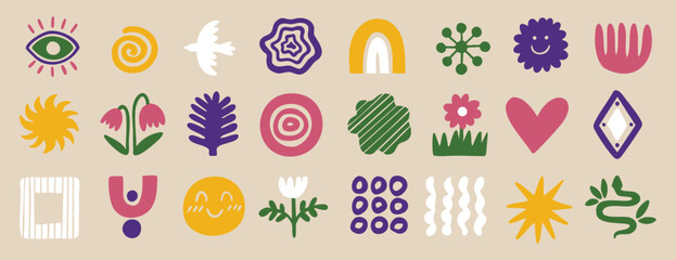 Boho organic shapes with floral, bird and eye motifs and flowing lines. Hand drawn.