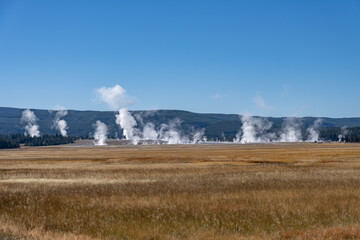 Lower Geyser Basin in Yellowstone National Park. Hydrothermal System. hot-spring deposits. Extremophile. 
