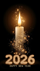 Sparkling Lit Candle with ‘2026’ Glittering Numbers on Black Background, Warm Glow, Bright Sparkles, Festive Holiday and Celebration Design