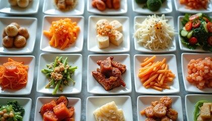 Korean banchan arrayed in small plates offers a diverse, colourful feast. This assortment includes marinated meats, fresh vegetables, and seafood, perfect for a traditional meal.