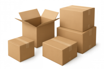 Cardboard boxes of various sizes and an open delivery package, representing shipping and moving concepts