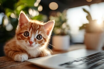 Kitten's fearful laptop encounter in a sunlit room. Graphical education. Our brains absorb endless content from glowing displays every waking hour. Kitten adventures. Kitten emotions.