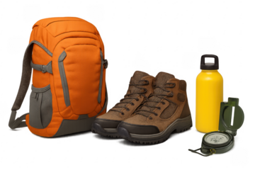 Backpack, boots, water bottle, compass for hiking adventure
