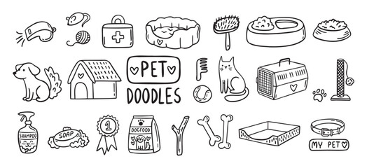 Pet Cat and Dog doodle hand drawn set elements. Pet stuff drawing isolated icons