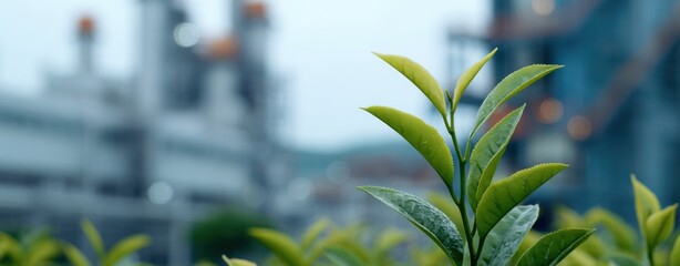 green tea leaves with a blurred background of a modern factory