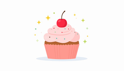Sweet pink cupcake with cherry and sprinkles vector illustration