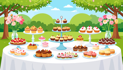 Fototapeta premium Festive Garden Dessert Table with Colorful Cupcakes, Cakes, and Sweet Treats for Outdoor Celebrations and Parties