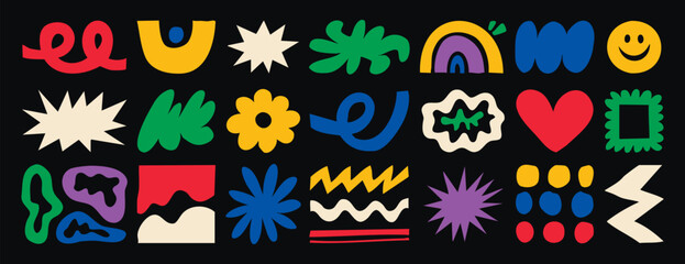 Abstract doodle elements with spirals, plants and wavy lines in naive style. Hand drawn.