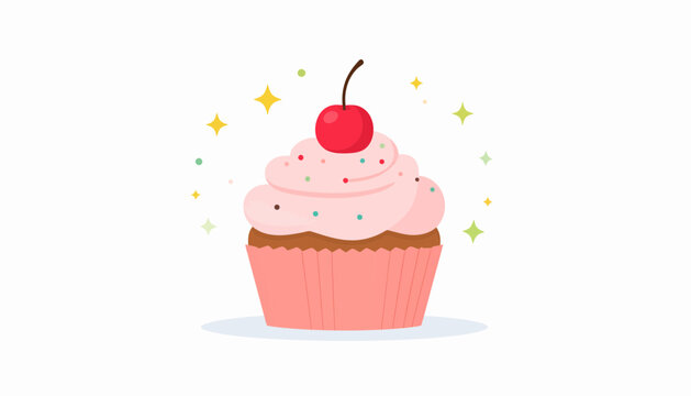 Sweet pink cupcake with cherry and sprinkles vector illustration