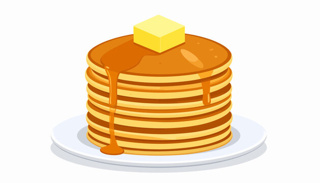 Classic stack of golden pancakes with melting butter and sweet maple syrup dripping on a white plate, breakfast food illustration