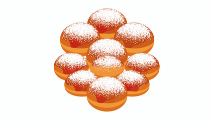 Group of golden donuts with powdered sugar. Classic sweet pastry vector illustration for bakery, dessert, and celebration.