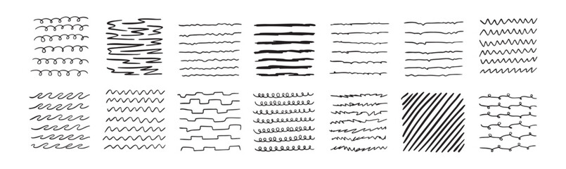 Lines by pen Hand drawn black Doodle strokes, underlines by pencil. Brush scribbles, frames, borders, design elements.