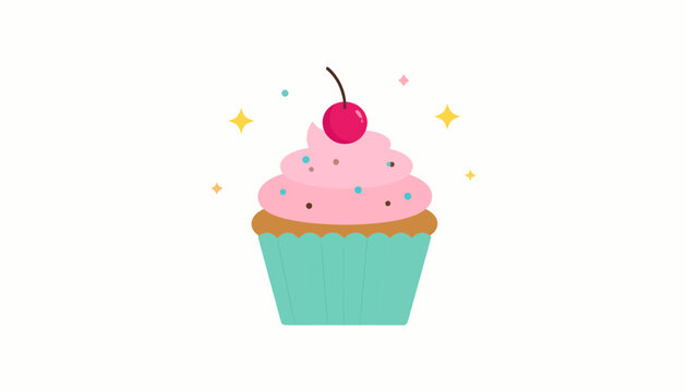 Sweet Pink Frosted Cupcake with Cherry and Sprinkles Illustration